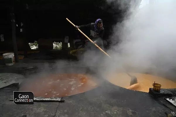 The extracted cane juice is then boiled in giant boilers which convert the juice into a hot, semi-fluid syrup.