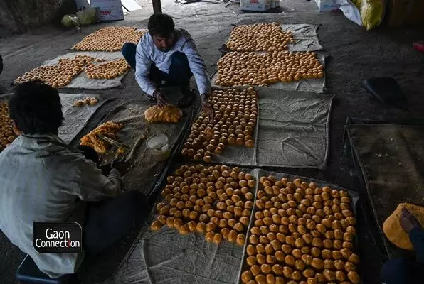 The jaggery balls are packed and are ready for supplying it to the wholesale markets.