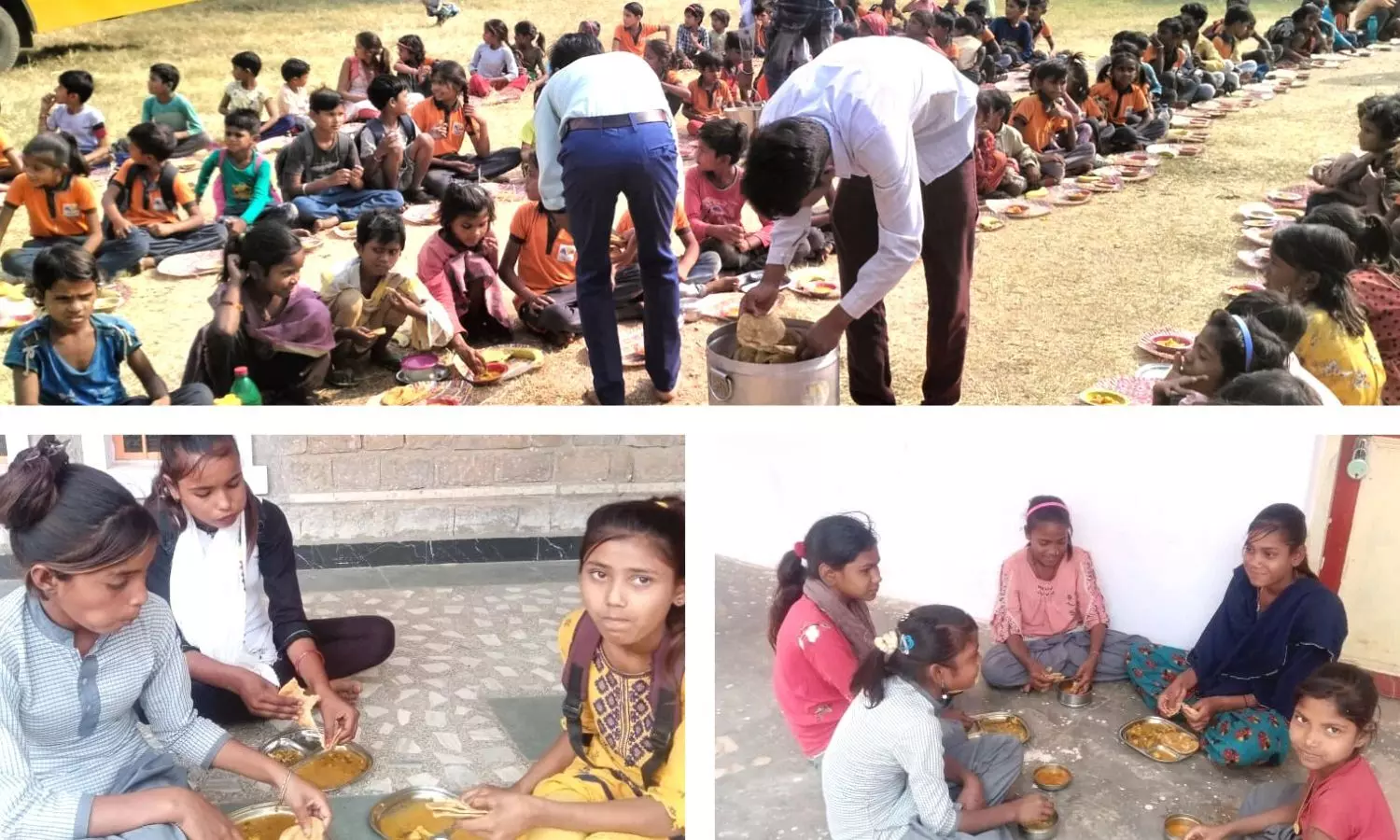 Children having their mid day meal at the school. 