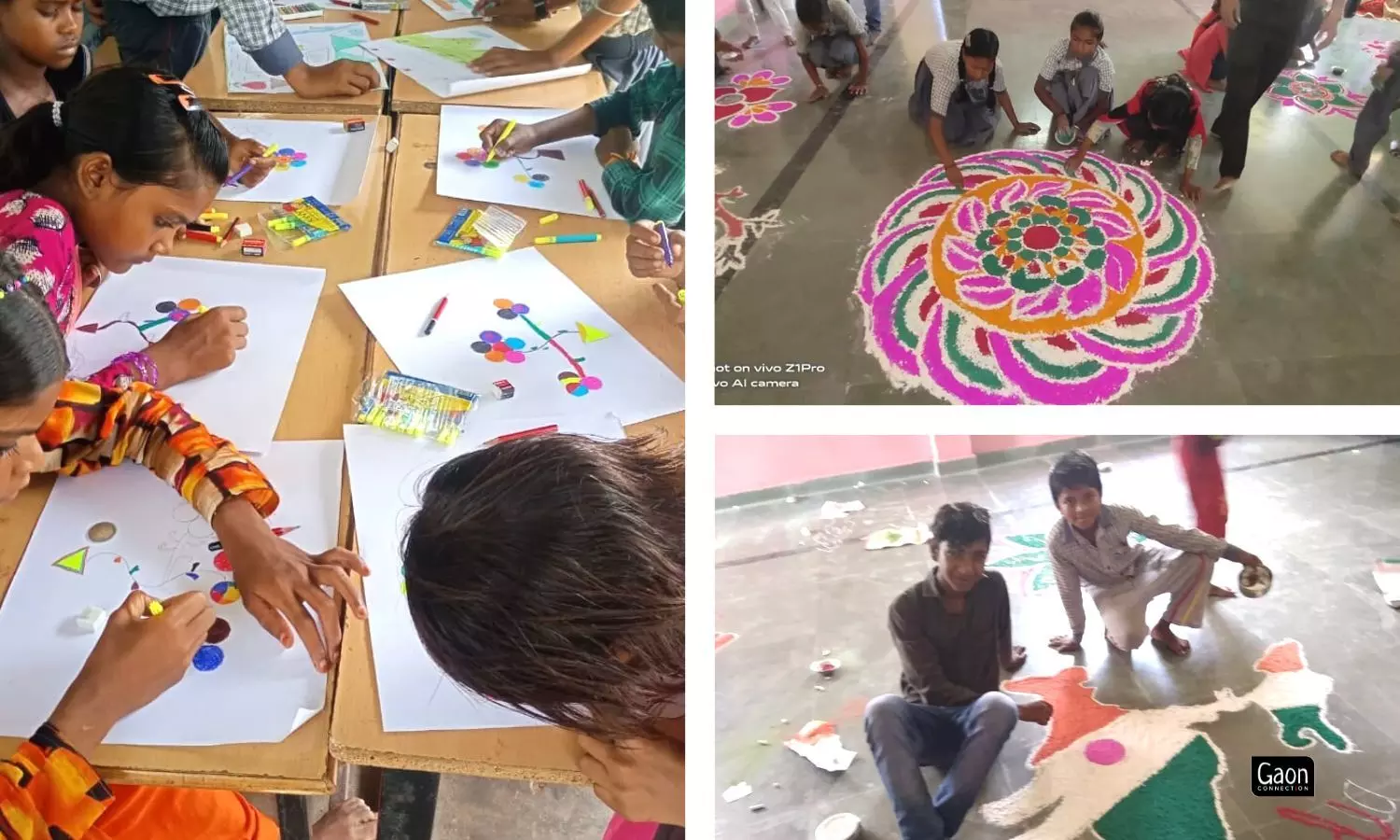 Children doing co-curricular activities in the school such as drawing, painting & rangoli making. 