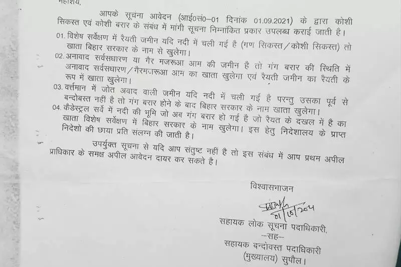 While replying to a Right to Information (RTI) petition, the Assistant Settlement Officer of Supaul, had explained the rules of land settlement.