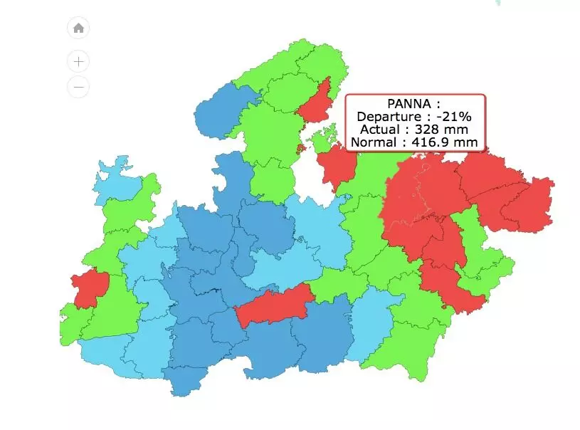 Note: Red colour denotes deficient rainfall and yellow indicates large deficient rainfall.