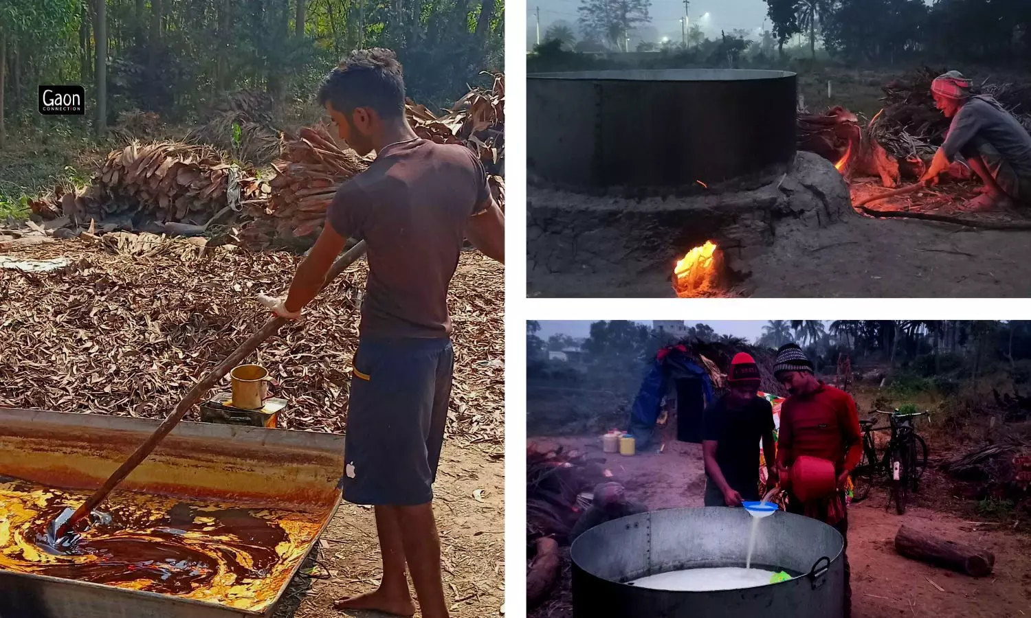 The jaggery makers have to reclaim the pot of juice before it ferments and turn it into the delicious date palm jaggery. 