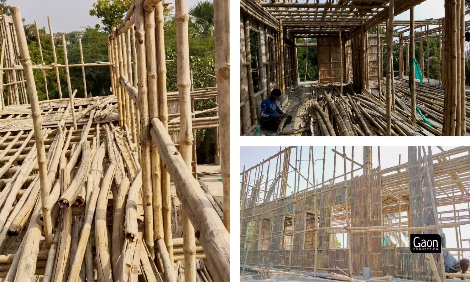 The health cum storm shelter, which is under construction in Jogeshganj village, has a stilt foundation which is supported by columns made of bamboo sticks. 